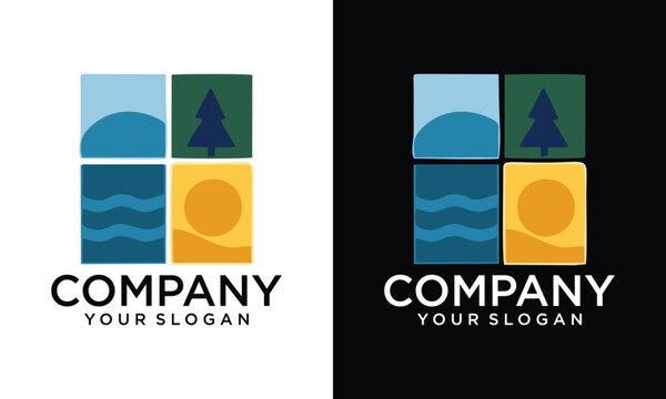 Nature landscape logo template set in modern window square frame featuring mountain, pine forest tree, sea ocean waves, and sun beach for outdoor travel agency, camping adventure, or environmental com