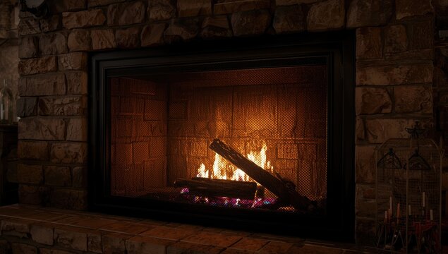 Rustic fireplace design including fire safety mesh screen