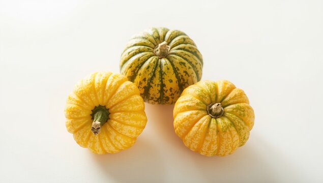 Three fresh types of pattypan squash arranged on a white background