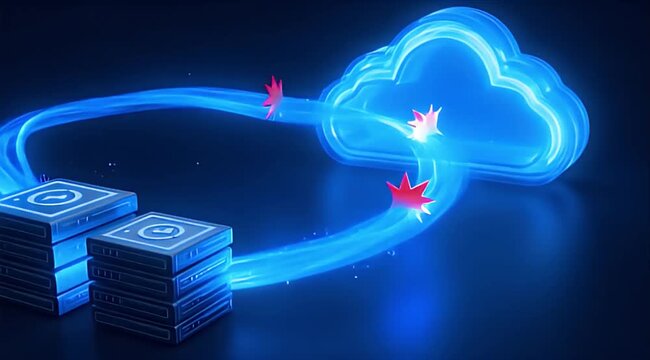 Cybersecurity cloud computing data storage secure network cyber security data transfer server backup digital technology information protection glowing blue abstract background cloud migration digital