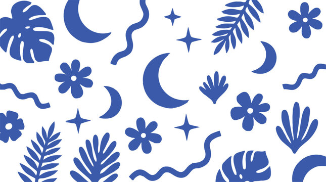 Abstract floral and celestial shapes pattern with blue artistic elements isolated on transparent background