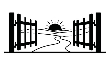 Obraz premium Black and white illustration of an open gate leading to a winding path through rolling hills with a rising sun in the background, symbolizing new beginnings.