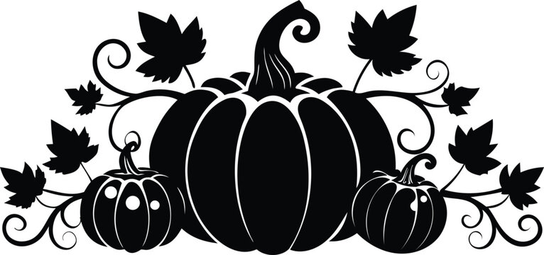 Black and white illustration of pumpkins and leaves