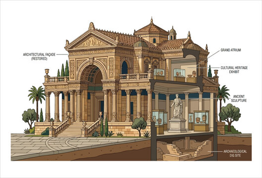 Architectural fa ade illustration with columns arches and a scenic background
