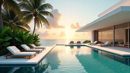 Fototapeta premium An infinity pool at a modern tropical villa, lined with sun loungers, reflects a glowing sunset over calm ocean waters, framed by lush palms.