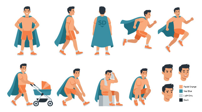 Superhero Man Character Set Poses and Actions.