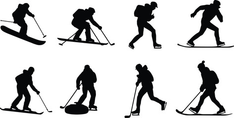 Naklejka premium Black Silhouette Vector Set of Skiing, Snowboarding, and Ice Hockey Winter Sports Activities