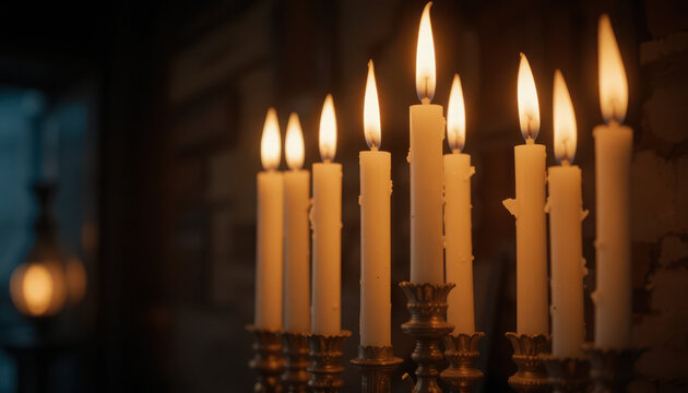 Multiple lit white candles on golden candelabra in dark room