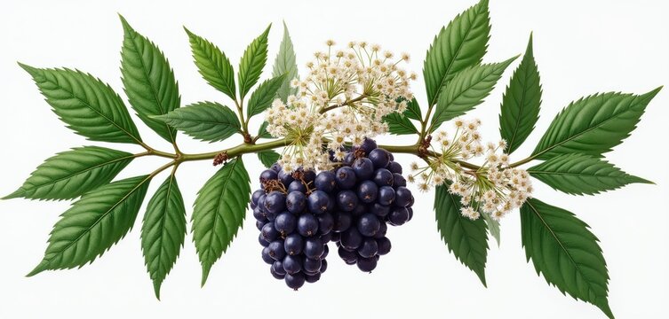 Botanical illustration of elderberry branch with deep purple berries, delicate white flowers. Rich green serrated leaves surround cluster, showing plant detail. Useful for health, food, nature themes.