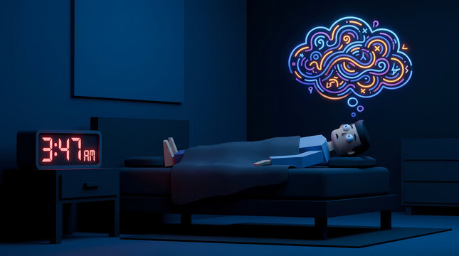 A deep sleep in a dark room, a glowing abstract thought bubble above a person's head illustrating vivid dreams, subconscious ideas, and nocturnal creativity
