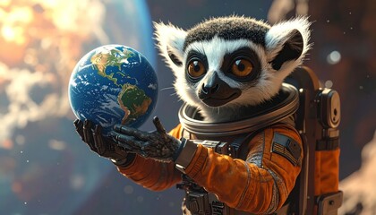 Fototapeta premium Lemur astronaut holding earth globe in space.
