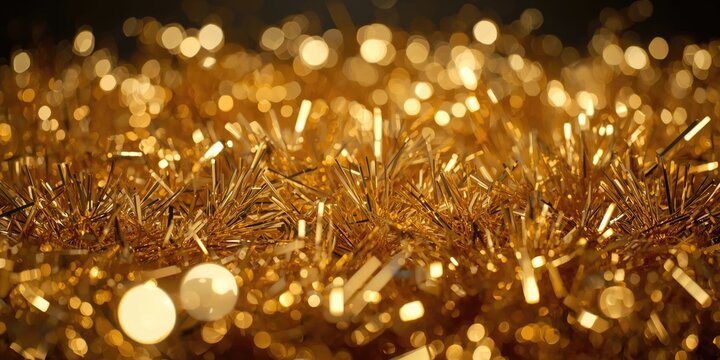 Radiant gold tinsel texture with sparkling festive light reflections