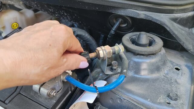 Closeup of woman hand carefully tightening car battery terminal clamp with electrical cable under hood, automotive maintenance routine, preparing vehicle for long trip or safe winter storage.
