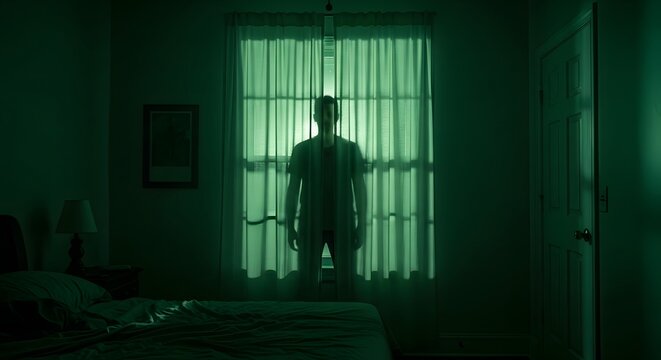 Man standing behind curtains in a dark bedroom with green moody lighting, horror concept