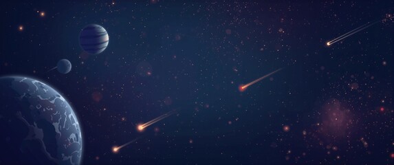 Obraz premium Flat illustration of celestial planets with craters and comets in a vast star filled space