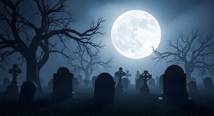 Fototapeta premium Eerie graveyard at night with tombstones, celtic crosses, and a full moon in a misty, dark landscape for halloween