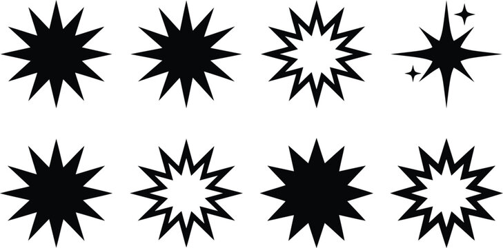 Black star shapes collection featuring various sharp geometric points and decorative burst elements on transparent background