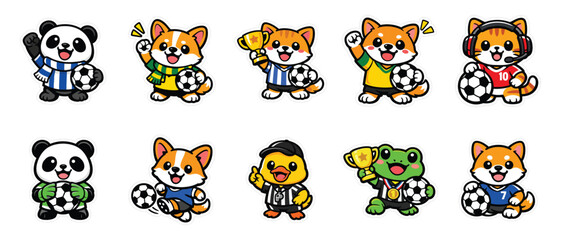 Fototapeta premium Funny Football Mascot Sticker Bundle, Cute Soccer Animal Characters Collection, Kawaii Sports Fan Cartoon Set, Football Lover T Shirt Graphics, Printable Sticker Pack, Flat Vector Illustration Set