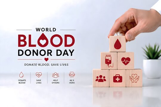 World Blood Donor Day Corporate Healthcare Responsibility Concept with Business Hand Building Blood Donation Support Structure