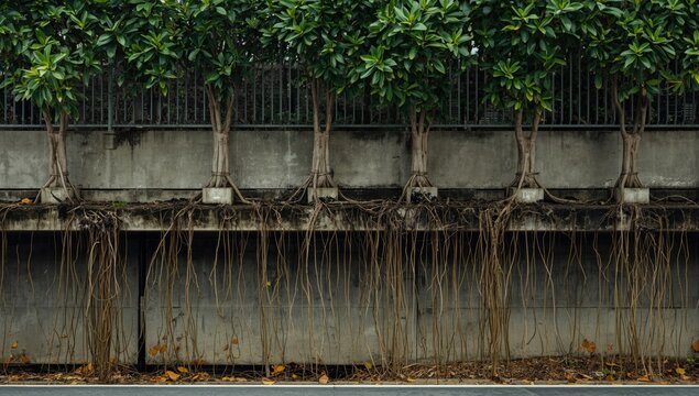 Healthy ficus trees thriving on a concrete wall with roots invading drainage infrastructure