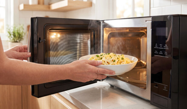 Pasta with cheese heating on plate inside microwave oven, simple home lunch and comfort food concept.