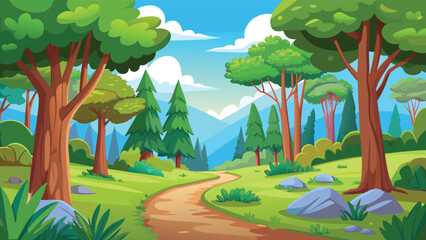 Fototapeta premium Enchanting forest path winding through lush green trees under a bright blue sky with distant mountains