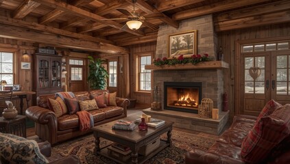 Obraz premium Rustic charm in a rural home's interior highlighted by wood finishes and a warm fireplace