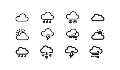 Obraz premium Weather icons set for cloudy conditions and precipitation with sun and wind.