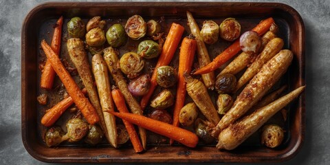 Overhead shot of seasoned roasted root vegetables on a tray