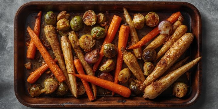Overhead shot of seasoned roasted root vegetables on a tray