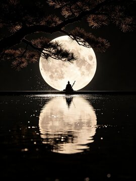 Person in boat under full moon