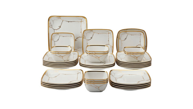 Elegant White and Gold Square Dinnerware Set Isolated on Transparent Background