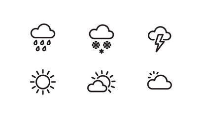 Fototapeta premium Weather icon set with sun rain snow and lightning bolt symbols for meteorology forecasts.