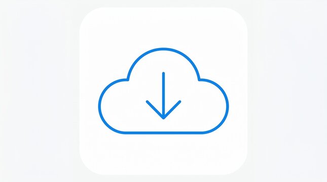 Minimalist cloud download icon, blue outline cloud with down arrow on white background, digital storage and data transfer symbol