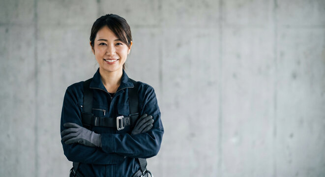 フルハーネスを着用して腕を組む作業着姿の若い女性