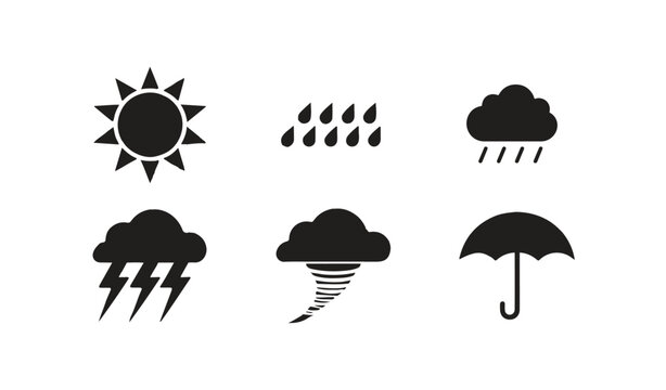 Weather icons for storm rain sun and tornado with umbrella and lightning.