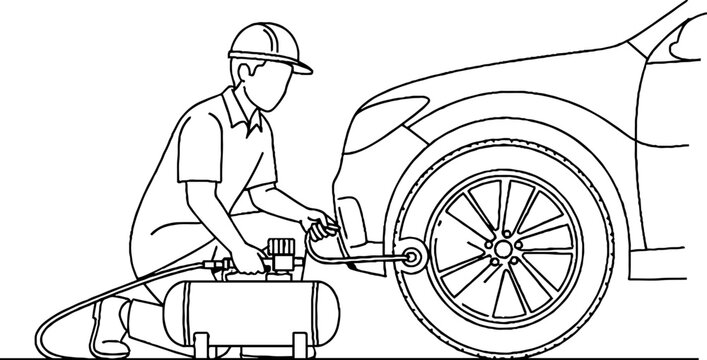 Mechanic inflating car tire with portable air compressor tool.