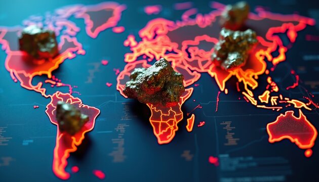 Rough ore chunks are placed on illuminated world map regions. Global resource distribution and mineral wealth across continents and countries are depicted visually.