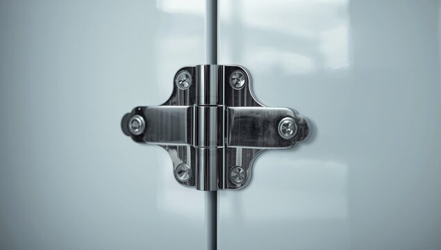 Polished stainless steel door hinges attached to a glossy white surface