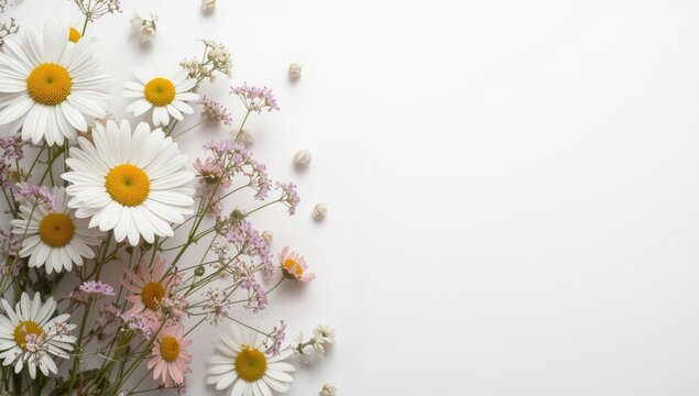 Vibrant daisy and Erigeron glaucus floral composition on white background
