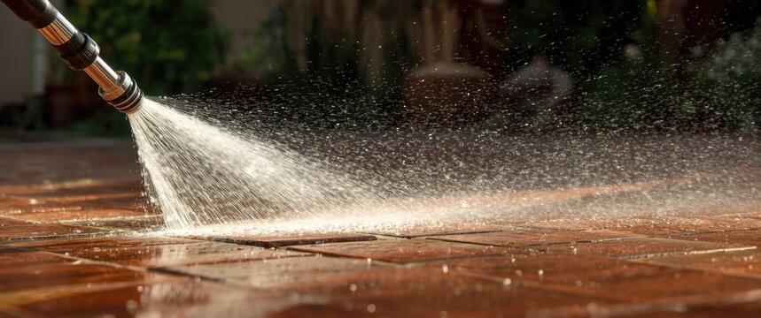 Powerful water stream pressure washing bricks on driveway surface up close