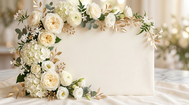 Elegant floral frame of white and cream roses with gold leaves and a blank white space for greeting text.