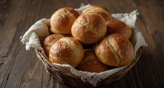 Rustic basket filled with freshly baked bread rolls on wooden table