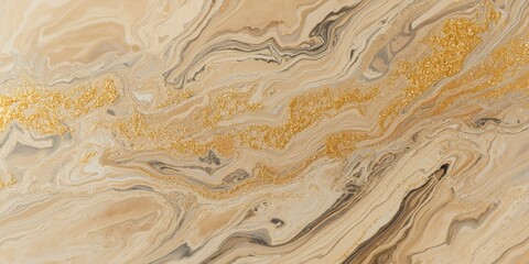 Obraz premium Nature inspired beige acrylic marbling painting with golden glitter highlights on marble background