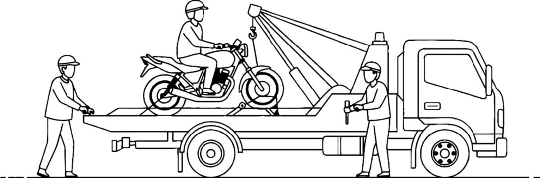 Tow truck loading damaged motorcycle with three workers assisting.