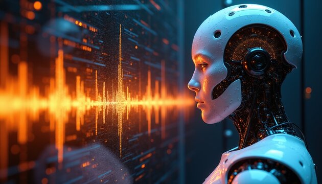 Advanced android analyzes sound wave data. Futuristic robot observes digital audio spectrum in dark lab. AI tech creates voice cloning, synthetic sound generation.