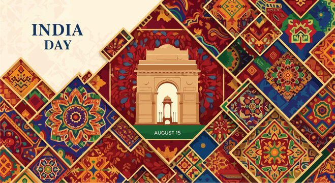 A vibrant India Day graphic with geometric patterns and India Gate