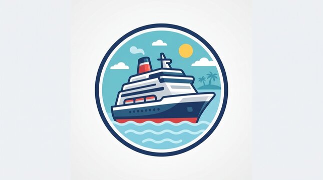 Cruise ship nautical emblem, luxury ocean liner illustration in circular badge, tropical summer vacation cruise travel icon on white background