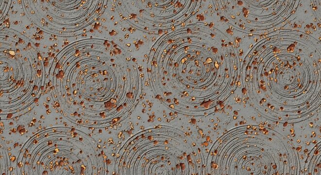 Weathered Gray Metal Surface Covered with Concentric Circle Pattern and Rust Speckles