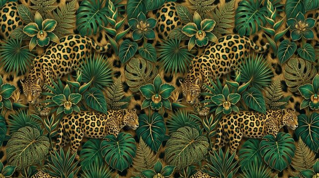Seamless luxury tropical pattern with leopards and exotic green palm leaves, monstera, and orchids on a leopard print texture background